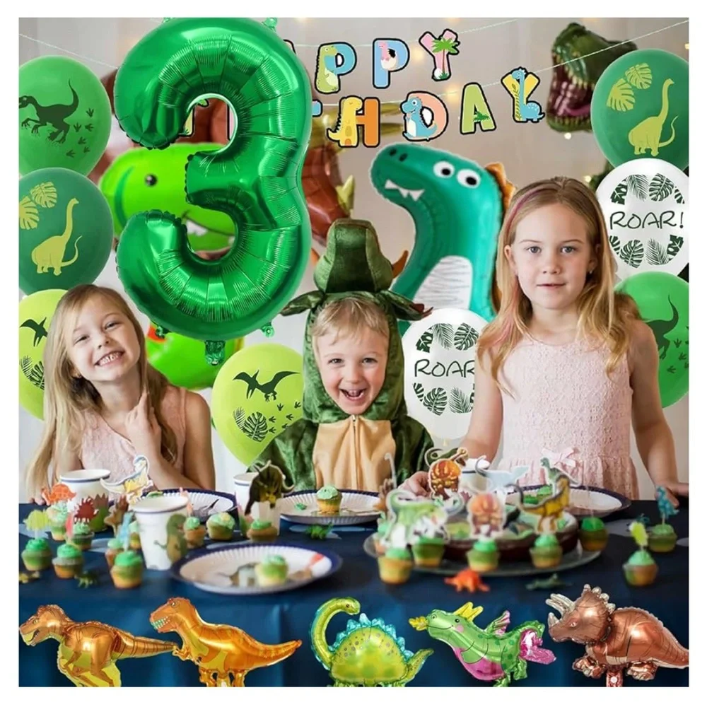 Dinosaur Number # 3,40 Inch Dark Green Foil Balloon and 5 Mini Dinosaurs Balloon